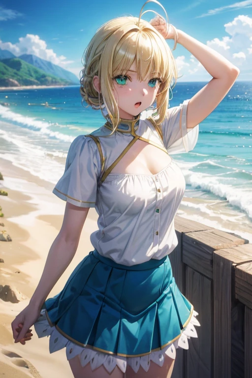 1girl,masterpiece, best quality, high resolution, green eyes, blue miniskirt, blue skirt, white blouse, short blouse, big breasts, nice breasts, pretty, blue skirt, blonde hair, blonde, ahoge hair beach, sand, sea :o