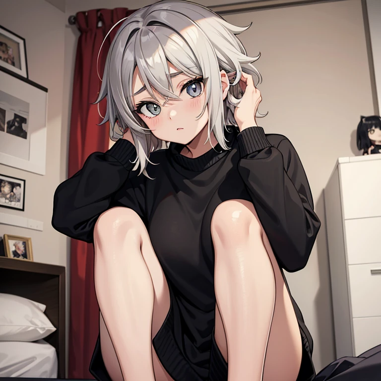Anime style image of a girl with short gray messy hair is in her room and is only wearing a black sweater. Ojos bien detallados la mejor calidad