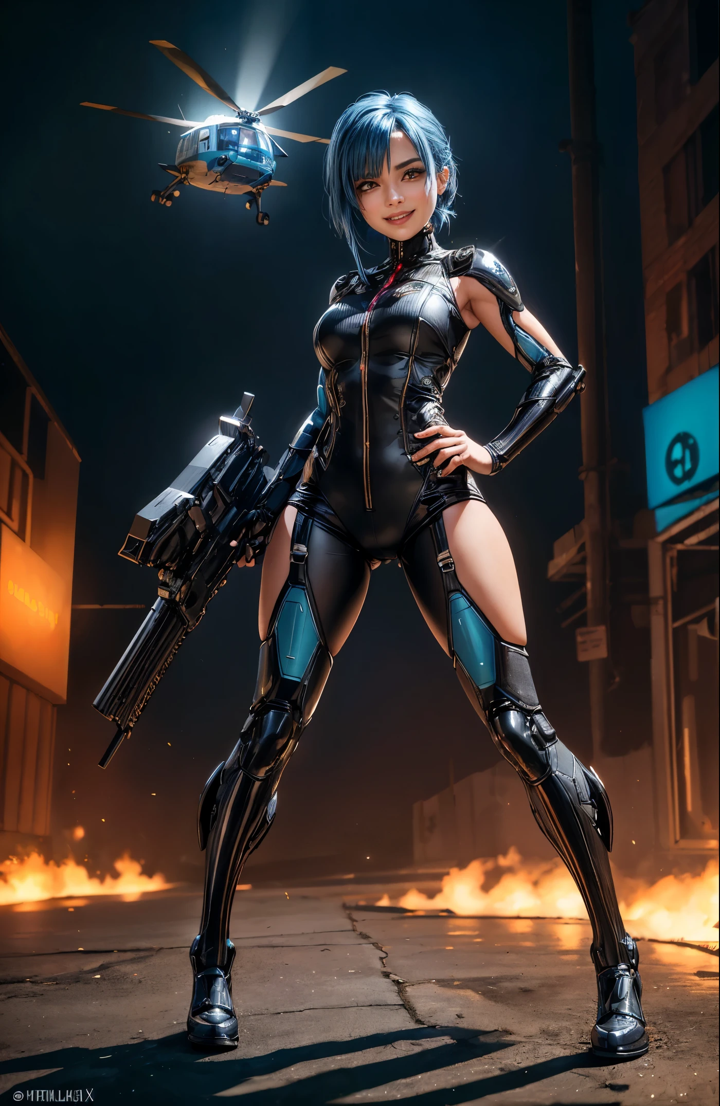 "Art in UHD that captures a 25-year-old woman wearing a white mecha costume, highlighted by blue props and neon lights. | The costume, adjusted to the body, enhances her characteristics, while she looks directly at the viewer, displaying a macabre smile that adds an enigmatic facial expression. Her blue hair, short with bangs over her right eye and two maria-chiquinha, contributes to her unique appearance. The scene unfolds in a post-apocalyptic scenario, with the presence of zombies and new Slug vehicles, such as an airplane, a helicopter, a drill, an elephant and an ostrich. Inspired by the styles of Metal Slug, Resident Evil and Megaman-X, the combination of environment and character results in a visually impressive composition.
| {The camera is positioned very close to her, revealing her entire body as she adopts a dynamic_pose, staring directly at the viewer with a sinister smile, expressing a macabre mood} | {She is adopting a ((dynamic_pose as interacts, boldly looking directly at the viewer, with a sinister smile and an intense expression):1.3), ((perfect_pose)), ((full body)), ((perfect_fingers, better_hands, perfect_hands, perfect_legs):0.7), More Detail, perfect,”