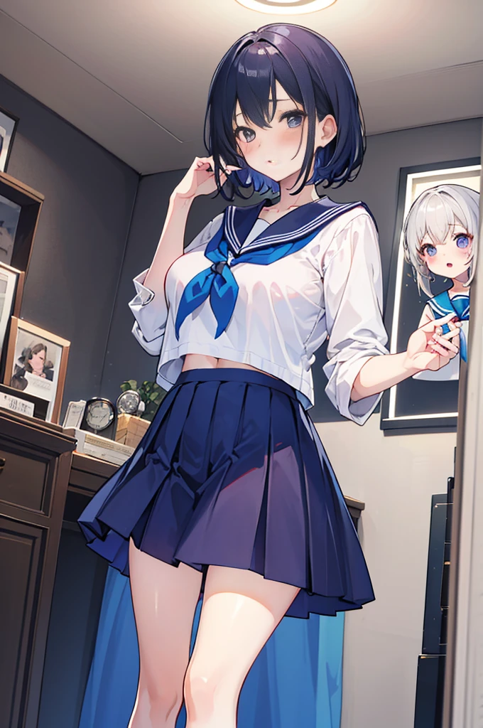 Perfect human body,2 women and daughter,Mature and intellectual woman, (very highly detailed background,liveroom), long whitr hair,鎖骨,(The wife wears(Ultra-short)The shirt,Loose neckline,Skirt),///,( daughter wearing sailor uniform),///,((woman with fever)), Colossal tits,Indecent expressionlush blush:1.2),Pubic hair shows through,