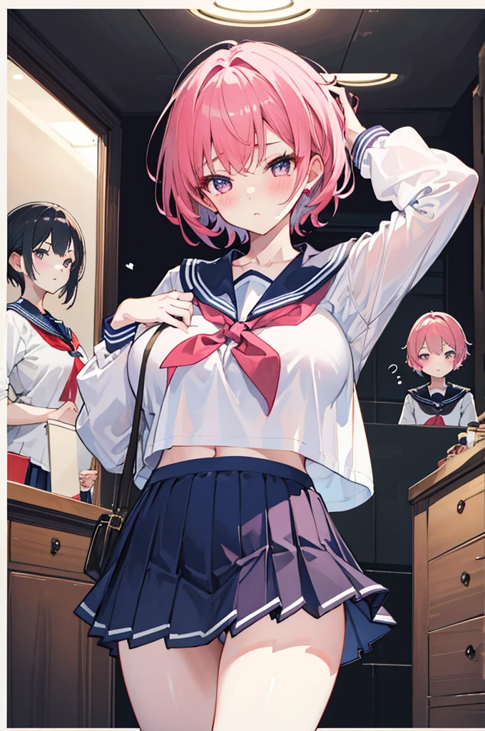 Perfect human body,2 women and daughter,Mature and intellectual woman, (very highly detailed background,liveroom), long whitr hair,鎖骨,(The wife wears(Ultra-short)The shirt,Loose neckline,Skirt),///,(Little daughter wearing sailor uniform),///,((woman with fever)), Colossal tits,Indecent expressionlush blush:1.2),Pubic hair shows through,