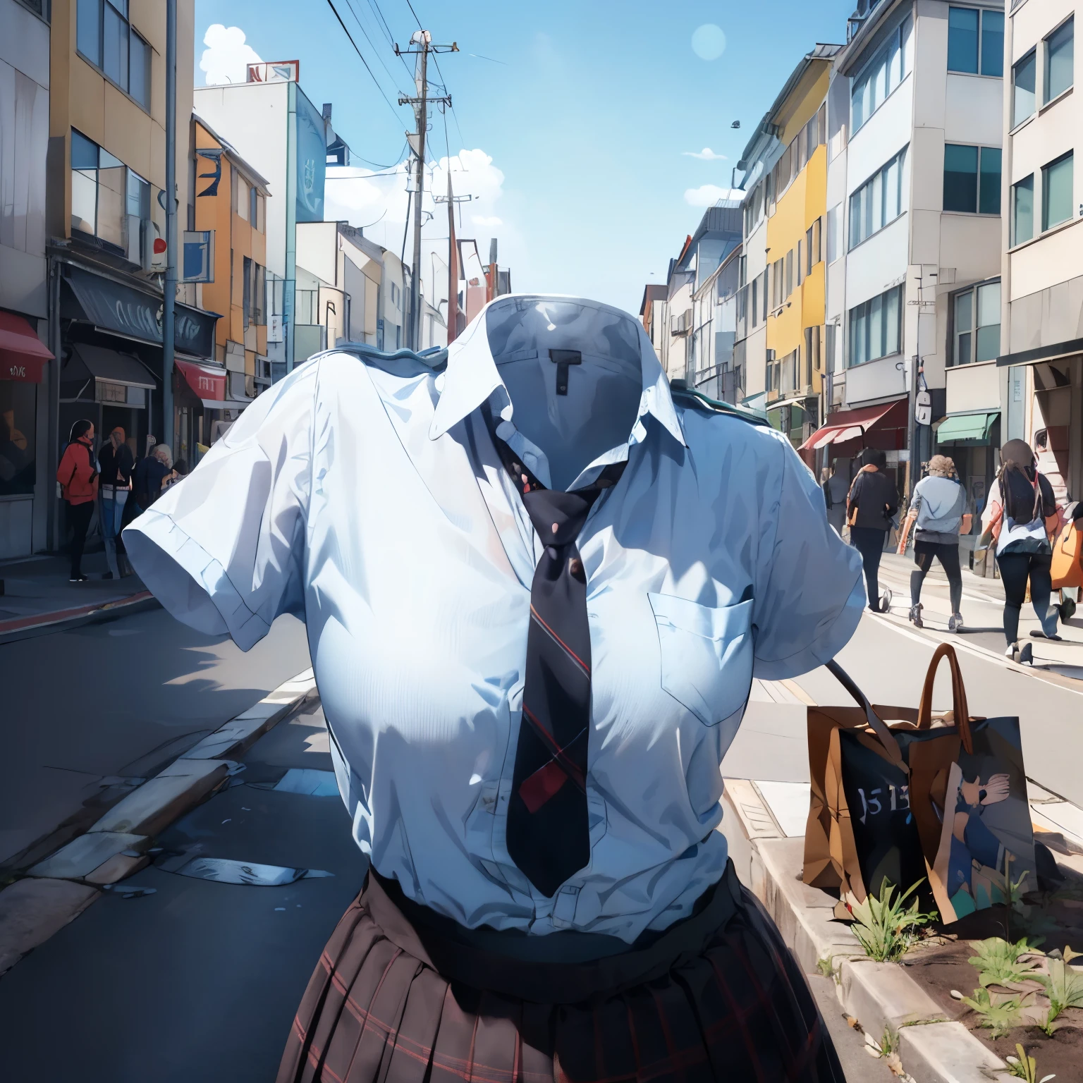 absurdres, highres, ultra detailed, (1girl:1.3),
BREAK
, school uniform,  plaid skirt, school stripe tie, white shirt, (close-up to breasts), cute big breasts, (invisible, no human, headless, handless:1.5)