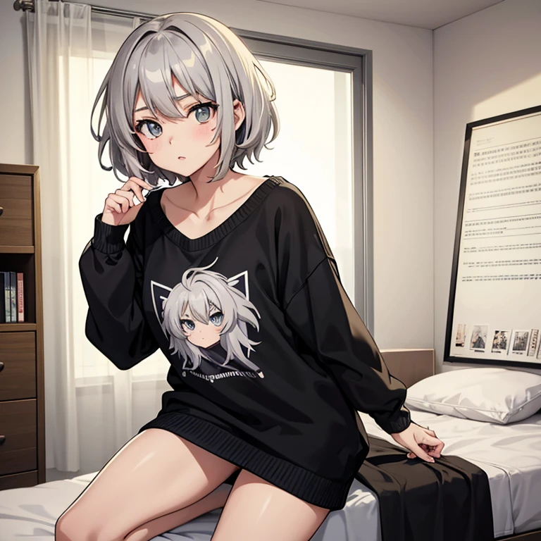 Anime style image of a girl with short gray messy hair is in her room and is only wearing a black sweater. Ojos bien detallados la mejor calidad