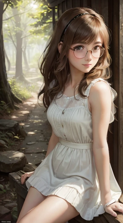 Realistic monochrome photography, Film grain, photo paper texture, tmasterpiece, background environment: park alley; beautiful modest shy girl 18 years old; ((! Very small beautiful realistic breasts!)); beautiful proportional round wide face, round cheeks (A slight blush), Round chin; Large shiny dark brown eyes, long eyelashes, glasses with lenses (image distortion through lenses, reflections of light on lenses); beautiful proportional small wide nose; идеальное пропорциональное trained muscular body, Rounded hips, tanned velvety skin,(trained muscular body, developed muscles, strong trained legs and arms); aesthetic completeness; Natural body hair (realistic pubic hair); High quality realistic human skin texture (pores, Mimic folds, barely noticeable wrinkles); slightly wavy beautiful medium length brown tousled hair (80s punk hairstyle); Serious, A curious look, slightly parted sensual plump lips, playful pleasant smile; light summer dress; clean skin without cosmetics and make-up; free position of the subject in space, Free pose; full body photographed; natural lightin, High-quality clothing textures, high-quality textures of environmental objects, (intricate environmental details, A lot of small details of the environment), increased texture realism; maximum image rendering quality.