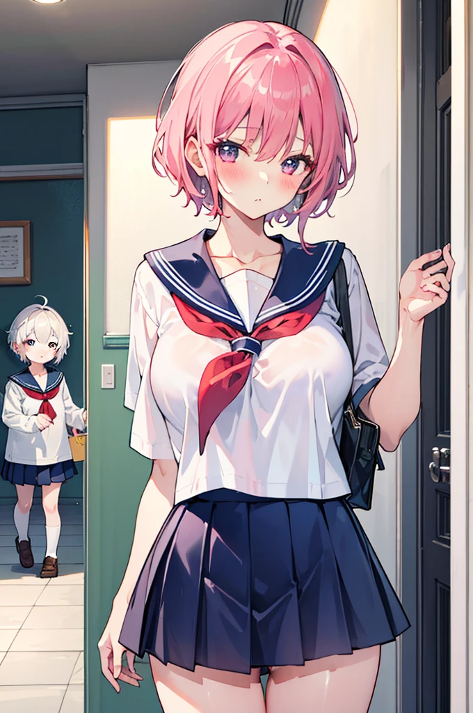 Perfect human body，2 women and daughter，Mature and intellectual woman， (very highly detailed background，liveroom), long whitr hair，鎖骨，(The wife wears(Ultra-short)The shirt，Loose neckline，Skirt)，///，( daughter wearing sailor uniform)，///，((woman with fever)), Colossal tits，Indecent expressionlush blush:1.2),Pubic hair shows through，