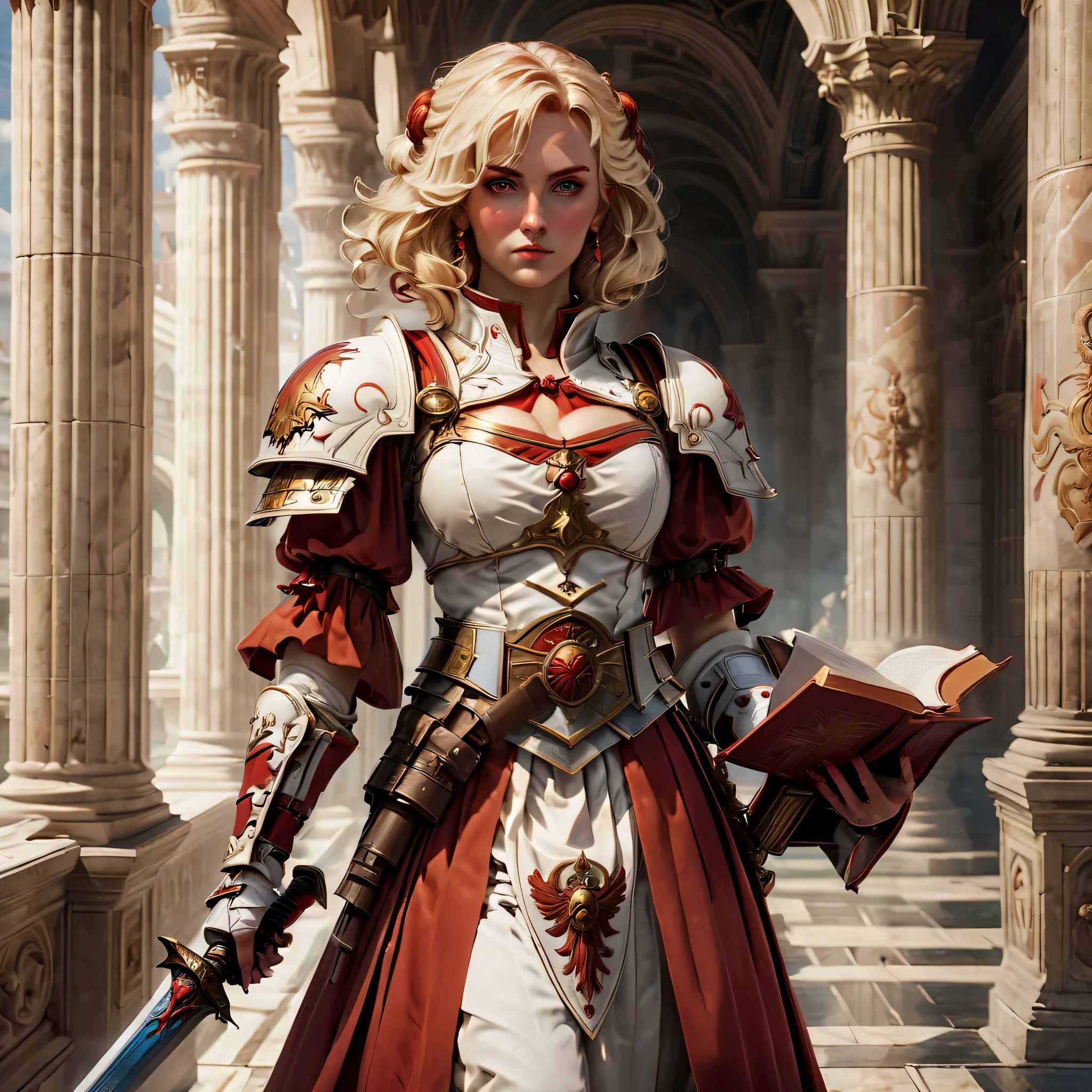 An (Full-Shot), Masterpiece image of a noblewoman from the Warhammer 40.000 universe, blonde renaissance hair, ((White and red Roman attire with a warhammer 40.000 aesthetic)), holding book in left hand, (holding sword in right hand). She is situated within a palace of the Imperium, designed in a Roman style. (Anime-style). Regal lighting within the palace. Best quality, ultra-detailed, 8k.