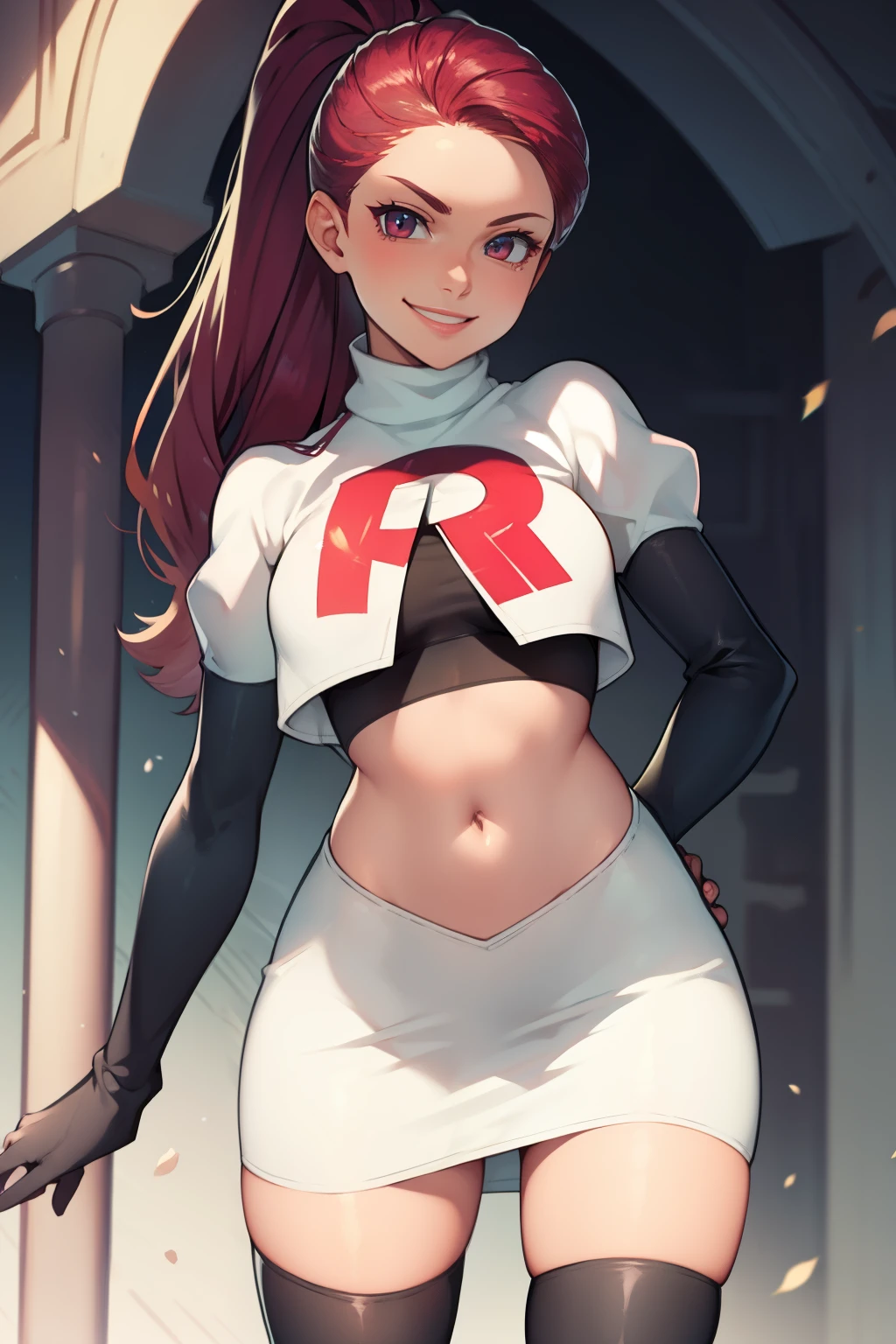 Petra ,glossy lips ,team rocket,team rocket uniform, red letter R, white skirt,white crop top,black thigh-high boots, black elbow gloves , looking at viewer, evil smile, arms crossed