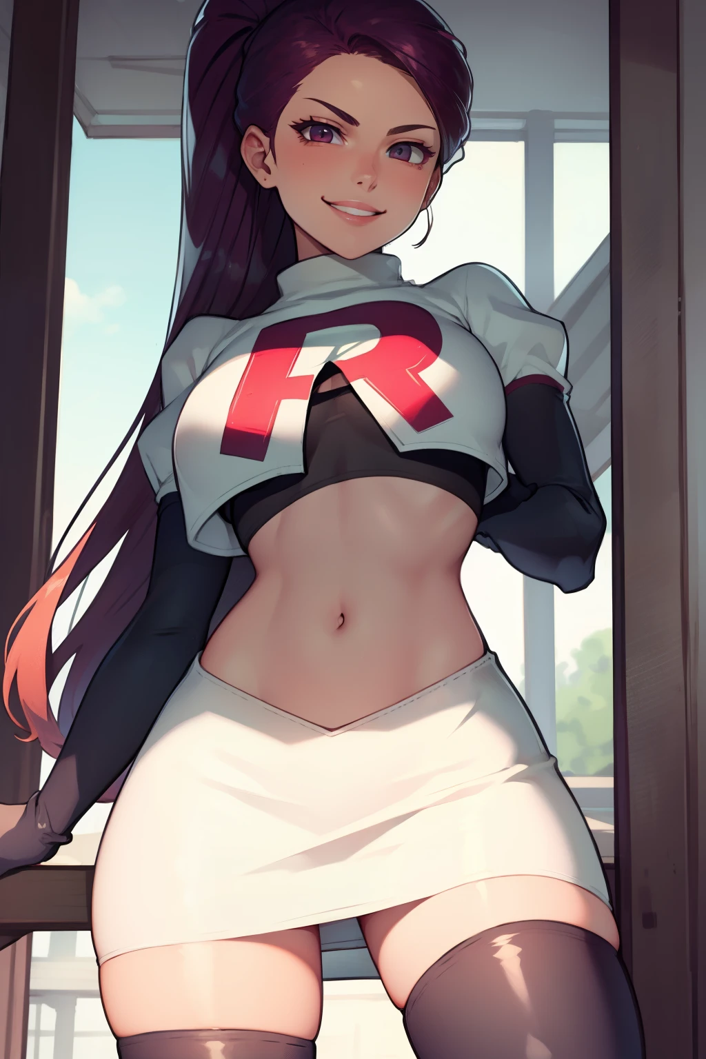 masterpiece, best quality, highres, highres, jessie pokemon, solo, team rocket, gloves, ((hair slicked back)), long hair, jewelry, skirt, navel, thighhighs, earrings, elbow gloves, team rocket uniform, crop top, blue eyes, midriff, belt, black gloves, very long hair,tight black thighhighs, purple hair, white skirt, miniskirt,tight skirt, upper body ,smiling , embarrassed,big tits,((huge tits)),looking at viewer,top view, lying on bed, bracelet, ((perfect tits)),perfect face,perfect body,(shirt lift:1.4),((show tits:1.5)),((show nipples:1.5)),ultra high quality 