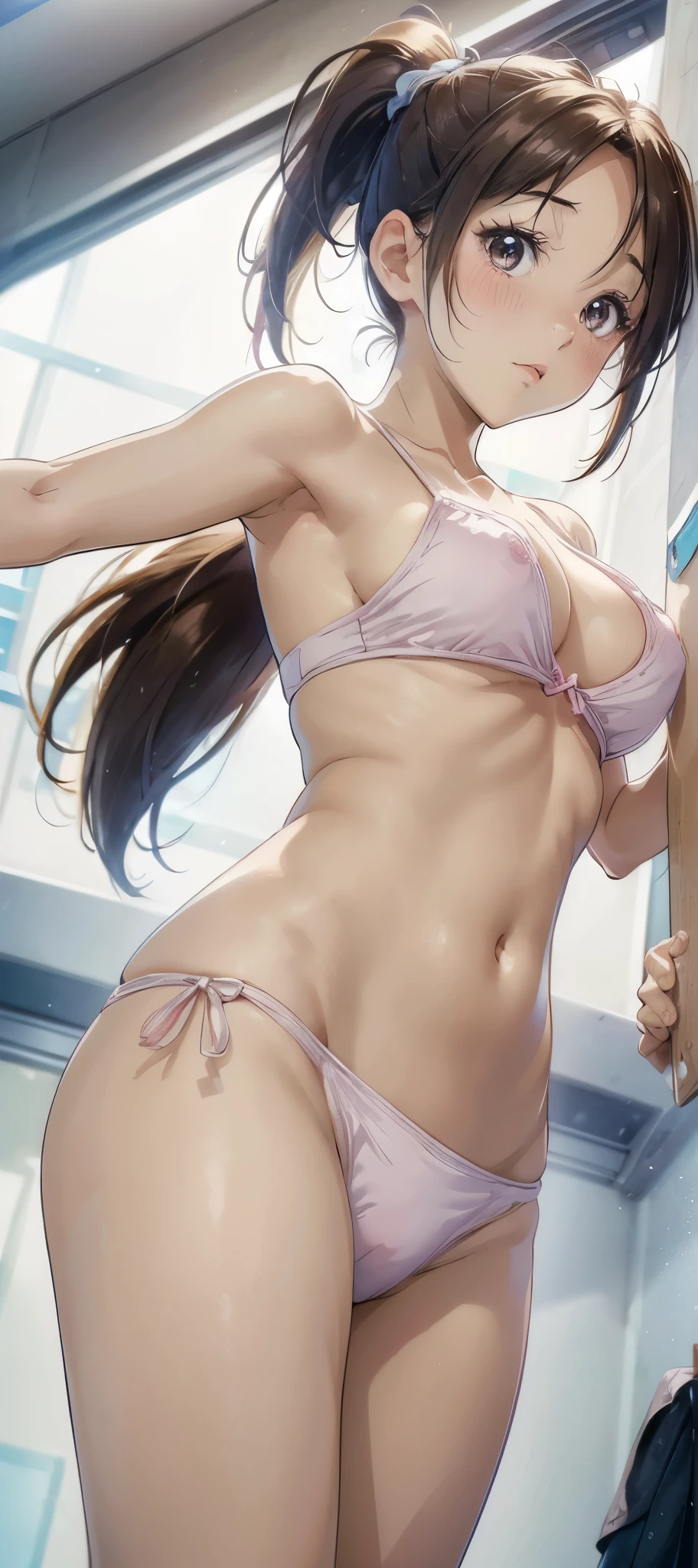 Adorable girl, round face, very kawaii, Solo , Slim , Medium Breasts , Short Stature . Glossy Skin . (((Half-naked))) . Dynamic Angle . No Background , White Background , looking at viewer, (((absurdrelushinasterpiece))), (((retina))), (((ponytail))), (((from below)))