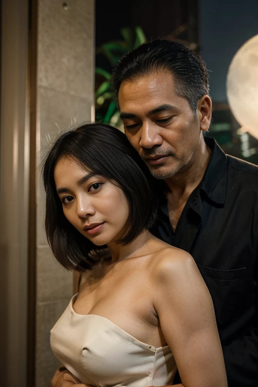 A portrait of a stunning Indonesian mature lady as pale and radiant as the moon in the arms of a 50 years old man with crewcut hair and thin beard, romance at night, passionate couple, indonesian face