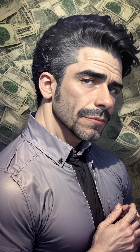 retrato em profundidade Uma pintura detalhada de elielsonbm24 de 30 anos cabelo preto corte curto, usando um terno, surrounded by a flood of dollar bills, with the book Financial Formula in the center.