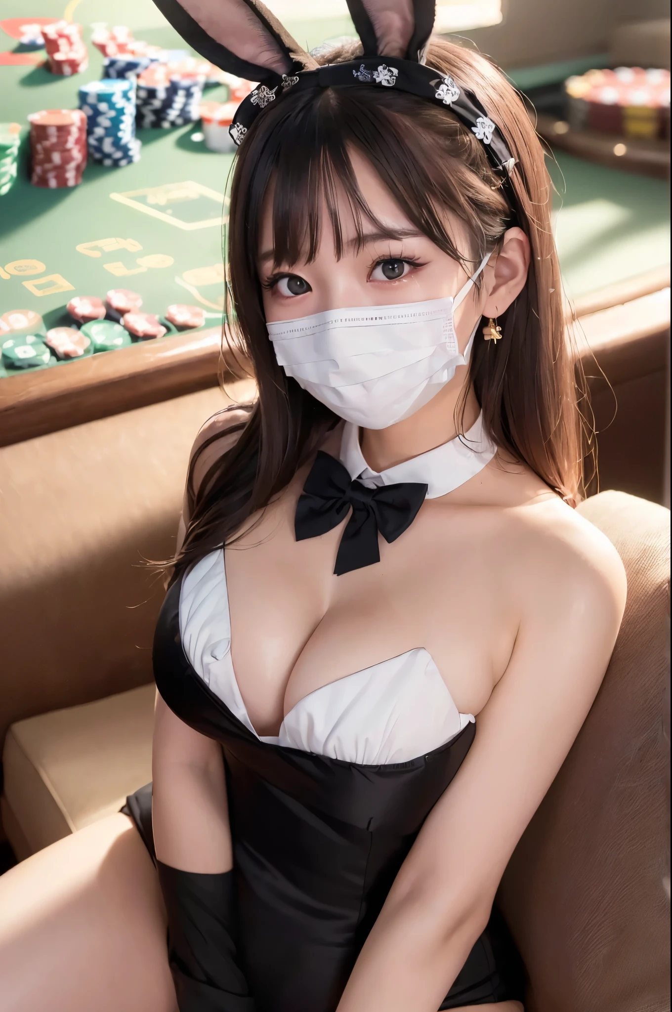 (realisitic、Photorealsitic:1.37)、(8K、Raw photography、top-quality、​masterpiece:1.2)、The most beautiful woman in the world、ultra-detailliert、Heart-shaped pupil、physically-based renderingt、超A high resolution、foco nítido、(((Correct anatomy:1.2)))、((Pose with your arms between your chest for emphasis:1.2))、(Colossal tits、cleavage of the breast)、((1girl in))、top-quality、extra detailed face、1 girl in、profetional lighting、((bunnysuit、Hairband in the form of black rabbit ears、a bow tie:1.2、))、extremely detailed eye and face、beatiful detailed eyes、二重まぶた、Red cheeks、((Casino background:1.3))、乃木坂アイドル、韓国アイドル、Japan idle、(((spreads both leg)))、A dark-haired、blondehair、((Lying on the couch))、Very big breasts、(White Face Mask:1.4)