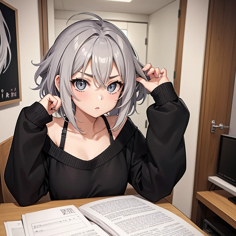 Anime style image of a girl with short gray messy hair is in her room and is only wearing a black sweater. Ojos bien detallados la mejor calidad