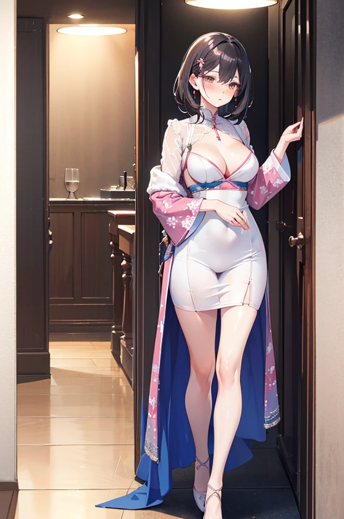 Perfect human body,1 woman,The daughter,Mature woman, (very highly detailed background,liveroom), 鎖骨,Small dress,((woman with fever)), ((perspired))), Colossal tits,Indecent expressionlush blush:1.2),Pubic hair shows through,Standing side by side,