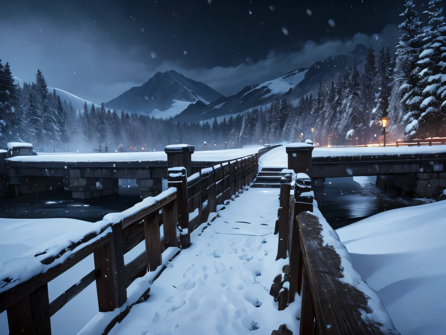 I&#39;m standing on a stone bridge, mountains, the night, ominous vibe, a closeup of a, snowstorm, first-person view