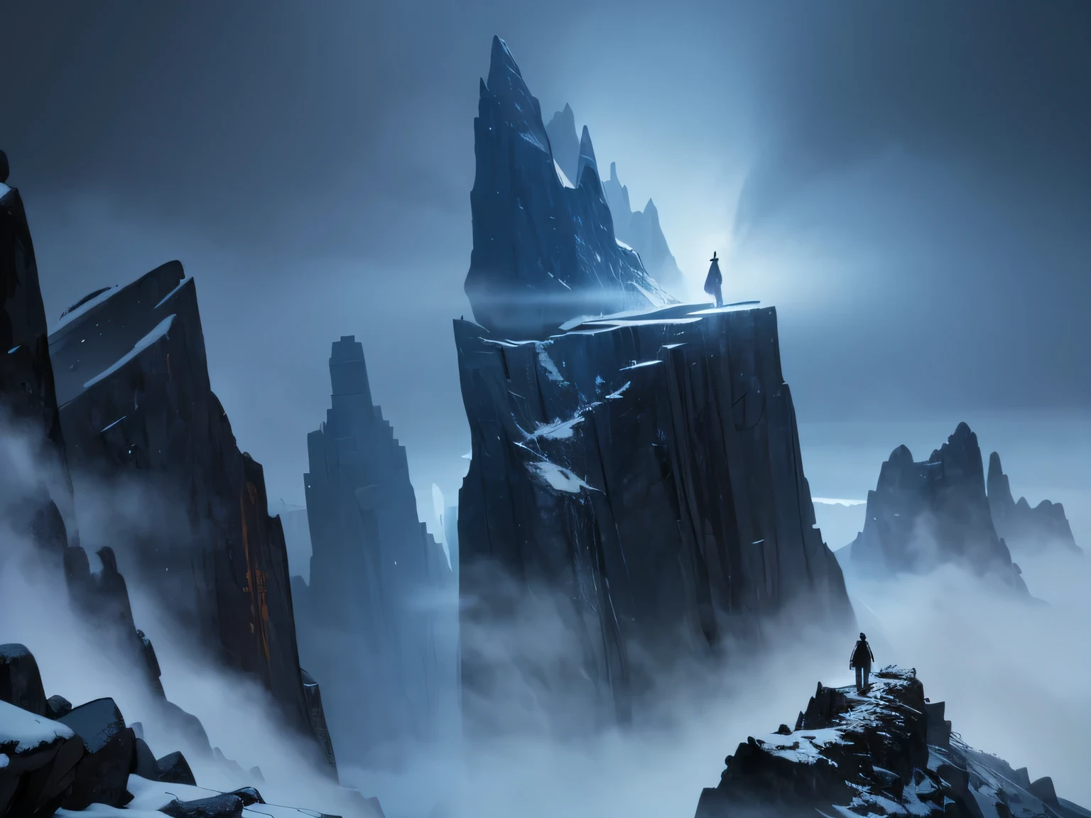 on a cliff in the mountains, snowstorm, mist, ominous vibe, the night, first-person view