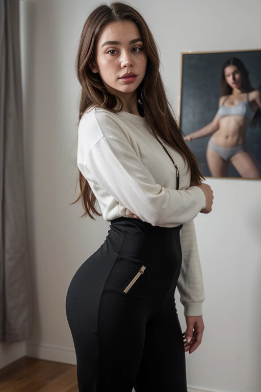 ((best quality)), ((masterpiece)), (detailed), perfect face realistic photo of beautiful woman with long dark brown hair, Russian, influencer, light freckles, dark brown eyes, big lips, no makeup, instagram, next to black wall, wearing a shirt and yoga pants, inspired by Esaias Boursse, instagram, dau-al-set, black sweater, prison jumpsuit, hourglass figure, keyhole, zippers, 💣 💥, female outfit, tracksuit, opened dress, front shot, cozy vibe, normal clothes, middle close up shot, close angle