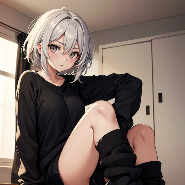 La mejor calidad,(Obra maestra) NSFW anime style image of a girl with short gray and messy hair is in her room and is only wearing a black sweater and is open with her legs showing her panties and pubic hair sticking out of her pussy