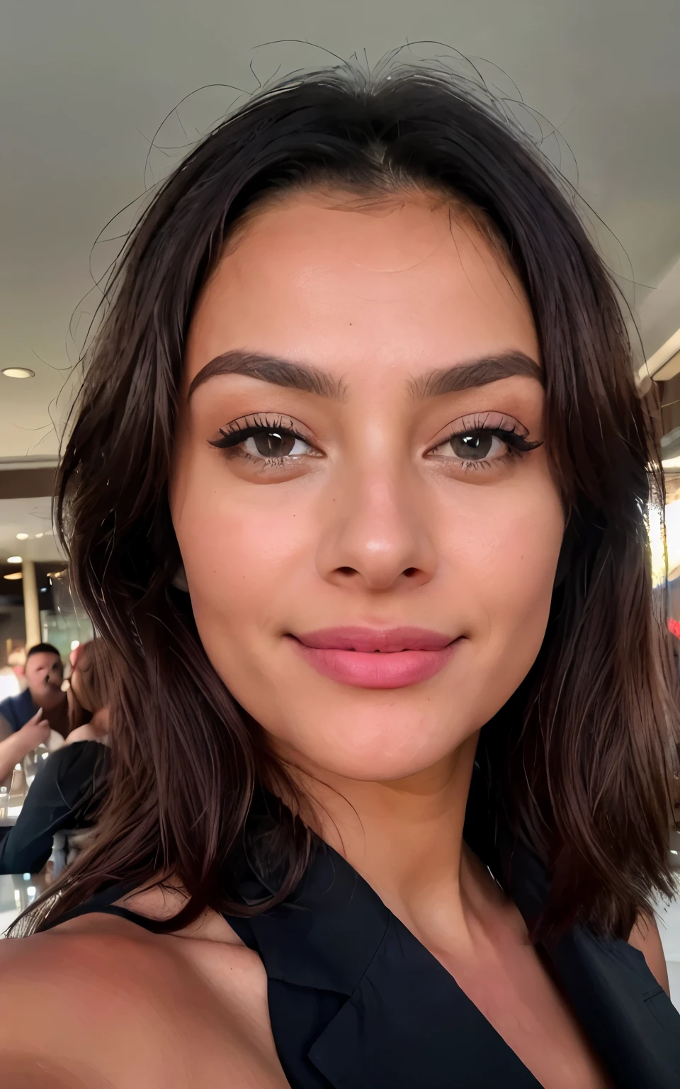 Morena bonita com destaques loiros usando um blazer azul e blusa branca (in a restaurant drinking coffee detailed, 30 anos, Rosto inocente, cabelos ondulados naturais, olhos azuis, high resolution, master part, best quality, Alto detalhe intrincado, altamente detalhado, Crisp Focus, pele detalhada, realistic skin textura, textura, olhos detalhados, profissional, 4k, sorriso encantador, filmado na Canon, 85 millimeters, profundidade de campo rasa, Cor Kodak Vision, corpo de ajuste perfeito, extremamente detalhado, fotografiar_\(Ultra\), photoreallistic, Realista, Post-processing, maximum details, rugosidade, vida real, Ultra realist, fotorrealismo, fotografia, 8k UHD, fotografia