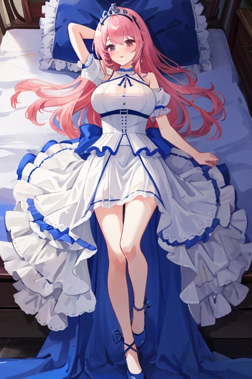 extremely detailed, masterpiece, best quality, absurdres, 1girl, (large breasts),slim, slender, prim_kuroinu, tiara, princess dress, tiara,half body, on bed, on back, pink Hair