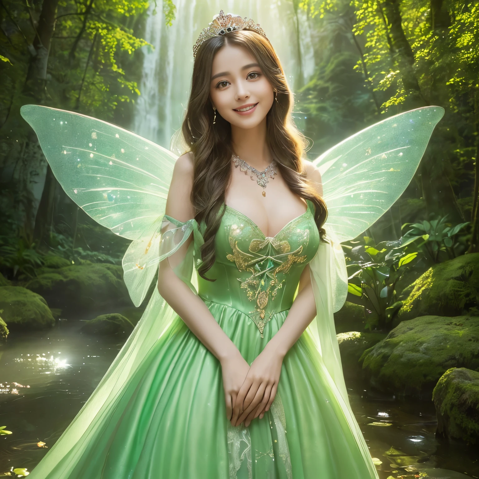 ((masutepiece、top-quality、8K、Highly Detailed and Complex Detail、The most complex and detailed textures、Super High Detail、bright and gentle lighting、the mildest texture、Smoothest texture))、(beautiful waterfall in the background:1.3)、(Very delicate and intricately shining wings:1.2)、(Upper body photo of a standing princess:1.1)、(Fairy wings with a very intricate pattern:1.2)、(The most luxurious and divine sparkling fairy tale light green princess dress:1.2)、((The most beautiful fairy tale prince of the forest fairy tale princess、a high chroma、Small fairy wings that shine fantastically、Gives off a fairy tale glow、small wings、The finest dress with elaborate decoration.、Shining transparent fairy tale wings、Fantastic, fairy-tale light、The background is set in a complex and sacred forest、Mysterious tree、Gentle fairy tale light、The brilliance of a fairy tale、Fairytale atmosphere、Fantastical、The most intricate and sacred dresses、the most beautiful spirit in the world、The Spirit of God'glorias、Accurate reproduction of the perfect spirit down to the last detail、The most complex and detailed forests、The most sacred and luxurious princess dress、 calm and full of light、Extravagant tiaras and necklaces、A forest full of sacred light、Fantastical、Overgrown trees々、A forest surrounded by sacred light、very calm and bright、Half Japan and half Russian、Beautiful smile、Beautiful wavy hair、The most luxurious and intricate dresses、the biggest smile looking at me、Slimed、large full breasts))