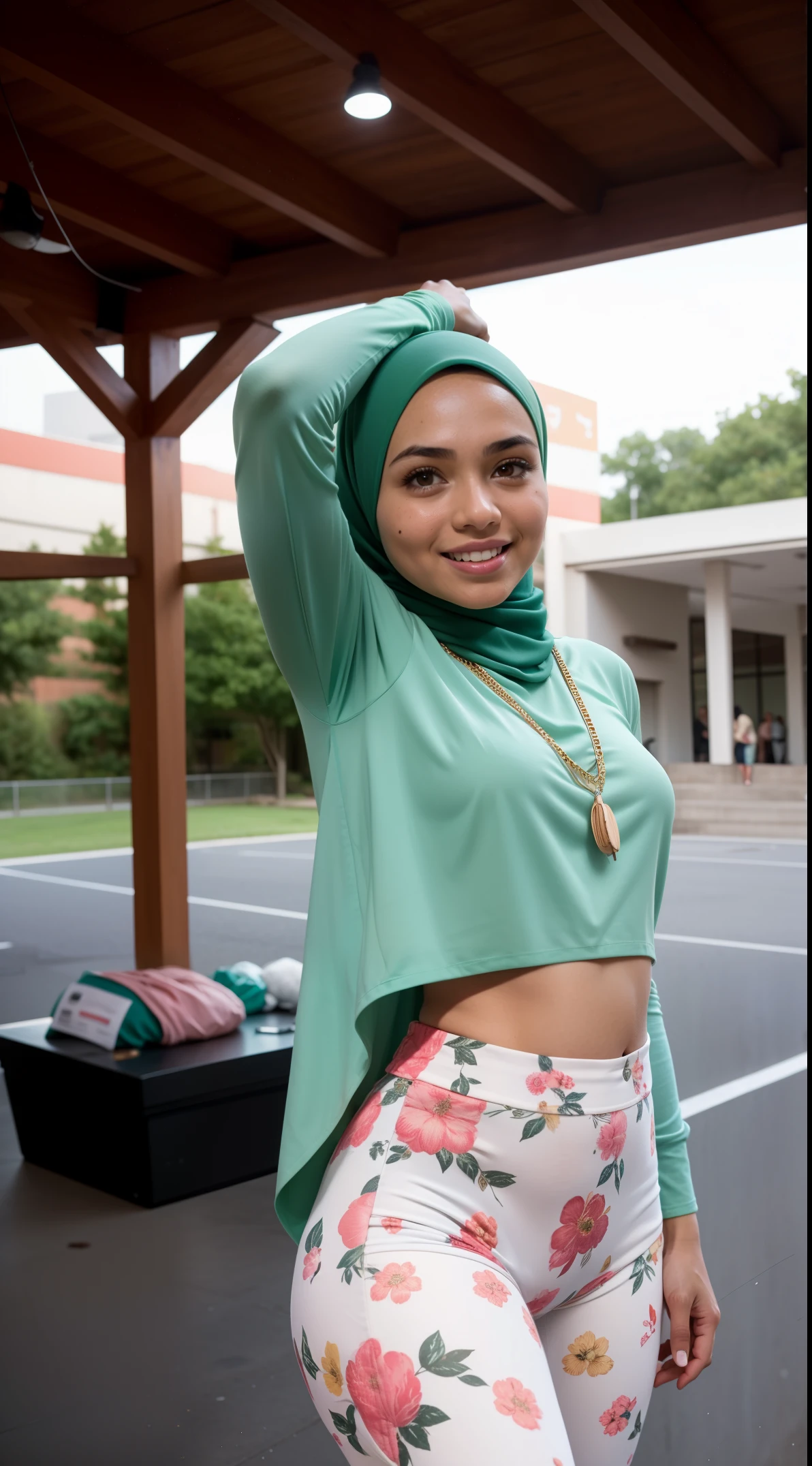 Malay girl in hijab, wear small floral pastel green color oversized tshirt and High Waist panties, laughing and posing with both hand on top of her head, touching her own hijab, wear necklace, front view, hijab blown, windy, detail skin, age spot, detail skin texture, mole below eyes, small breast, flat chest, wide hips, small waists, thick thighs, slim abs, beautiful body, nighttime, laughing, happy, bright lighting, people in background, college gym background, blur background, bokeh, camel toe, location: gym college.