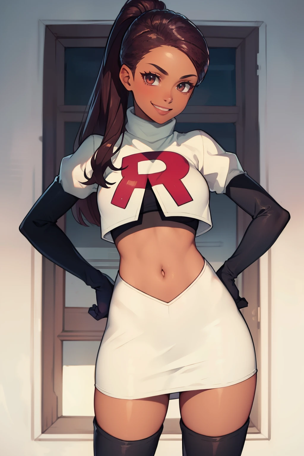 Petra, brown skin ,glossy lips ,team rocket,team rocket uniform, red letter R, white skirt,white crop top,black thigh-high boots, black elbow gloves , looking at viewer, evil smile, hands on hips