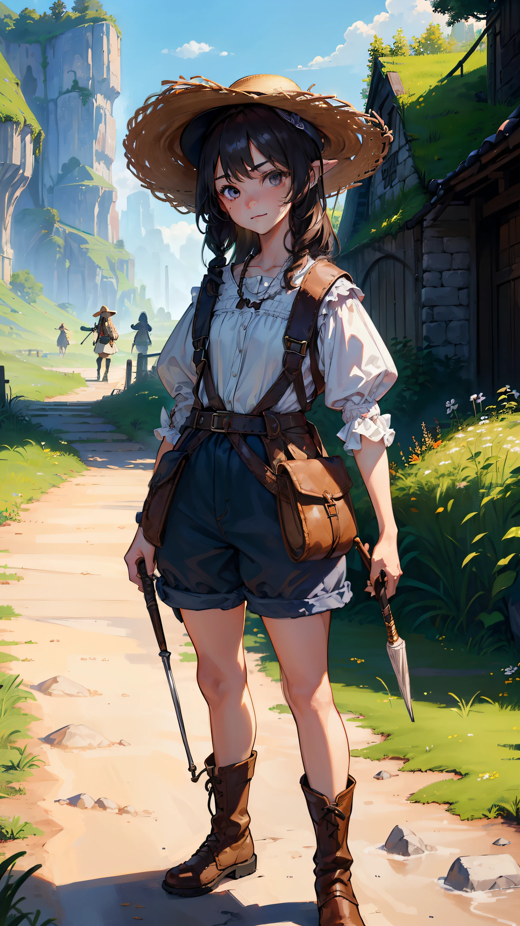 (((((2girls))))), (((((twins))))), (((((Short Girl))))), masutepiece, ultra-detailliert, 8K Portrait, Raw photo, portrait photo of a female, Full body, Highly detailed face, ((Fantasy)), (((The Hobbitt))), ((Young cute)), Smile, student, (((110 cm))), ((White skin)), light brown and dark brown short wavy hair, (((Overall))), Overalls, High Cut Leather Boots, (((a straw fedora hat))), (((little waist hip pouch))), (((Have a long cane))), Dynamic Pose, Midday Sun, Hyper realistic, Slender body, on the medieval road, Ambient lighting, Shadow details, Camera focus on face, strong breeze, Light fog