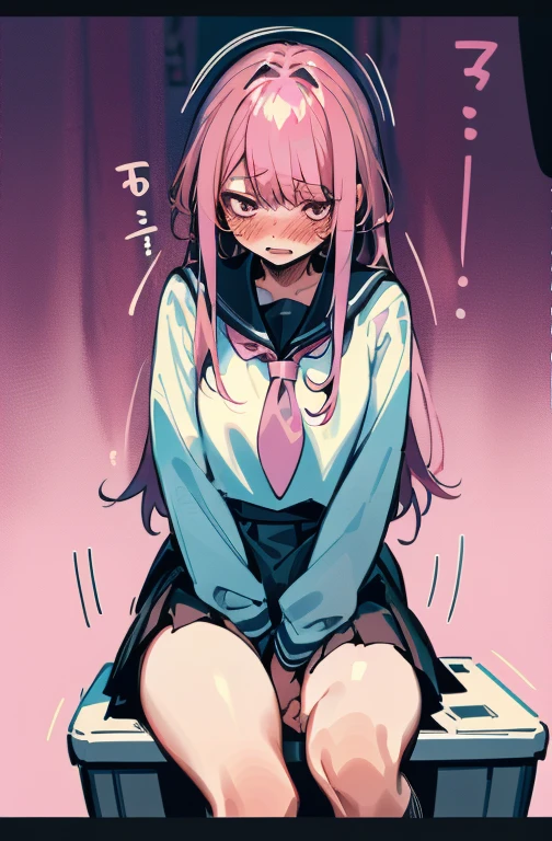 1 long hair，Girl in school uniform，miniskirts，Pink hair，looking away，Sit and open your crotch，embarrassed，blushing face，weep，Tooth，Garbage heap（Girl leaking)