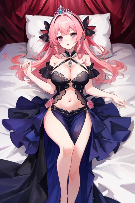 extremely detailed, masterpiece, best quality, absurdres, 1girl, (large breasts),slim, slender, prim_kuroinu, tiara, princess dress, tiara,half body, on bed, on back, pink Hair, exposed belly