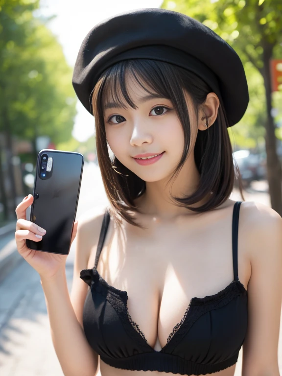 nsfw, 1girl, (solo), masterpiece, best quality, 8K, hight resolution, extremely detailed girl, extremely detailed beautiful face, Beautiful skin, shiny skin, perfect anatomy, face focus, smile, cowboy shot, standing, looking at viewer, (smartphone), (use smartphone with one hand:1.5), japanese, black hair, medium hair, medium breasts, cleavage, ruffled shirt, beret, frilly micro mini skirt, skirt lifted, shiny panties, (Panchira), outdoors, Sharp Focus, face lights, depth of field, enako