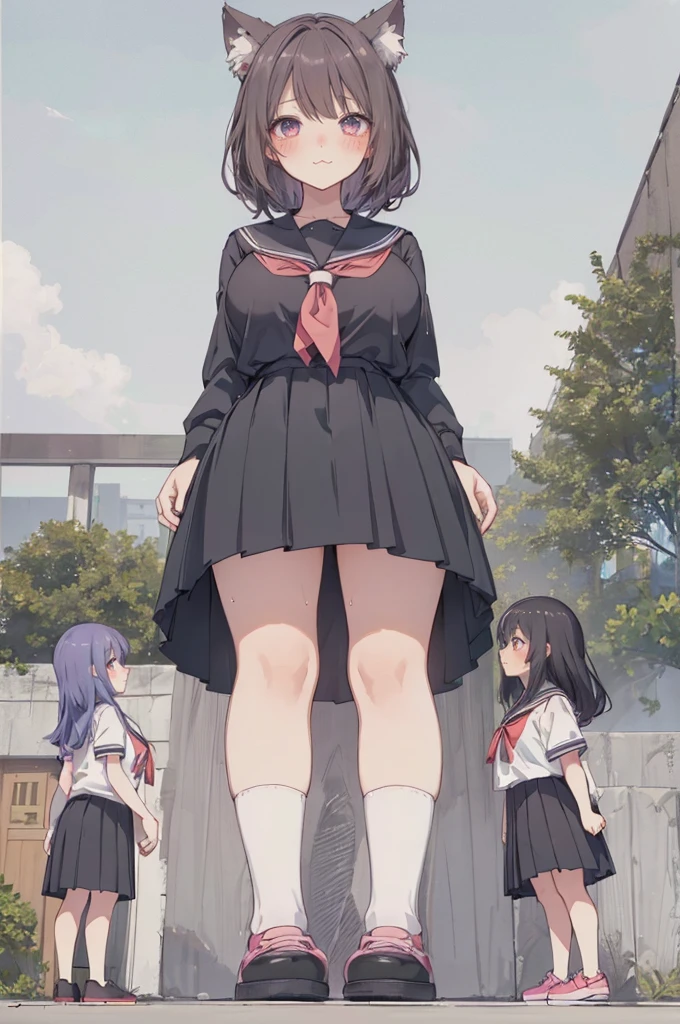 (giantess foreshortening: 1.2), (a girl in front of the shoes of a giantess:1.1), (a minigirl at the shoes of a giantess: 1.1), (school uniform:1.1), (2girls:1.5), (height_difference:1.7), (size_difference:1.5), minigirl, (multiple girls: 1.4), (giantess:1.2), (foreshortening: 1.1), large breasts, (tall girl: 1.1), cleavage, very detailed, beautiful, professionally drawn, (huge breasts), (cleavage sweat), (anime drawing:1.1), sketch, (anime:1.1), (very cute anime girl), (bright), (low contrast), collarbone, (prettiest teenage girl), (mature face: 1.4), (tall girl with big breasts: 1.2), (giant shadow: 1.1), :3 catgirl