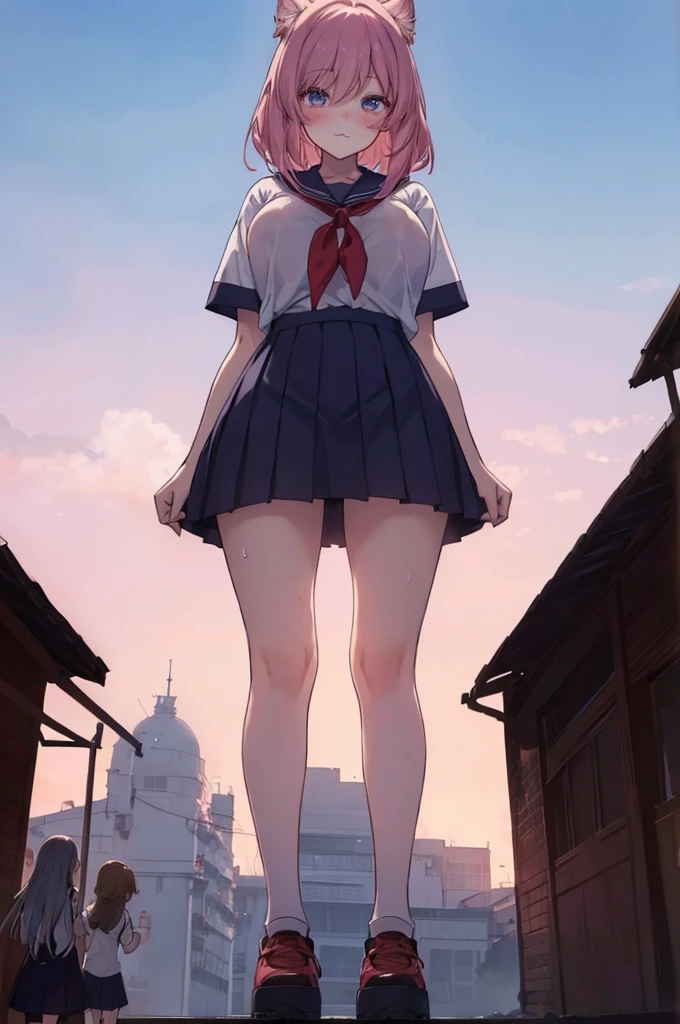 (giantess foreshortening: 1.2), (a girl in front of the shoes of a giantess:1.1), (a minigirl at the shoes of a giantess: 1.1), (school uniform:1.1), (2girls:1.5), (height_difference:1.7), (size_difference:1.5), minigirl, (multiple girls: 1.4), (giantess:1.2), (foreshortening: 1.1), large breasts, (tall girl: 1.1), cleavage, very detailed, beautiful, professionally drawn, (huge breasts), (cleavage sweat), (anime drawing:1.1), sketch, (anime:1.1), (very cute anime girl), (bright), (low contrast), collarbone, (prettiest age girl), (mature face: 1.4), (tall girl with big breasts: 1.2), :3, (rear view girl: 1.5), (giant shadow: 1.1)