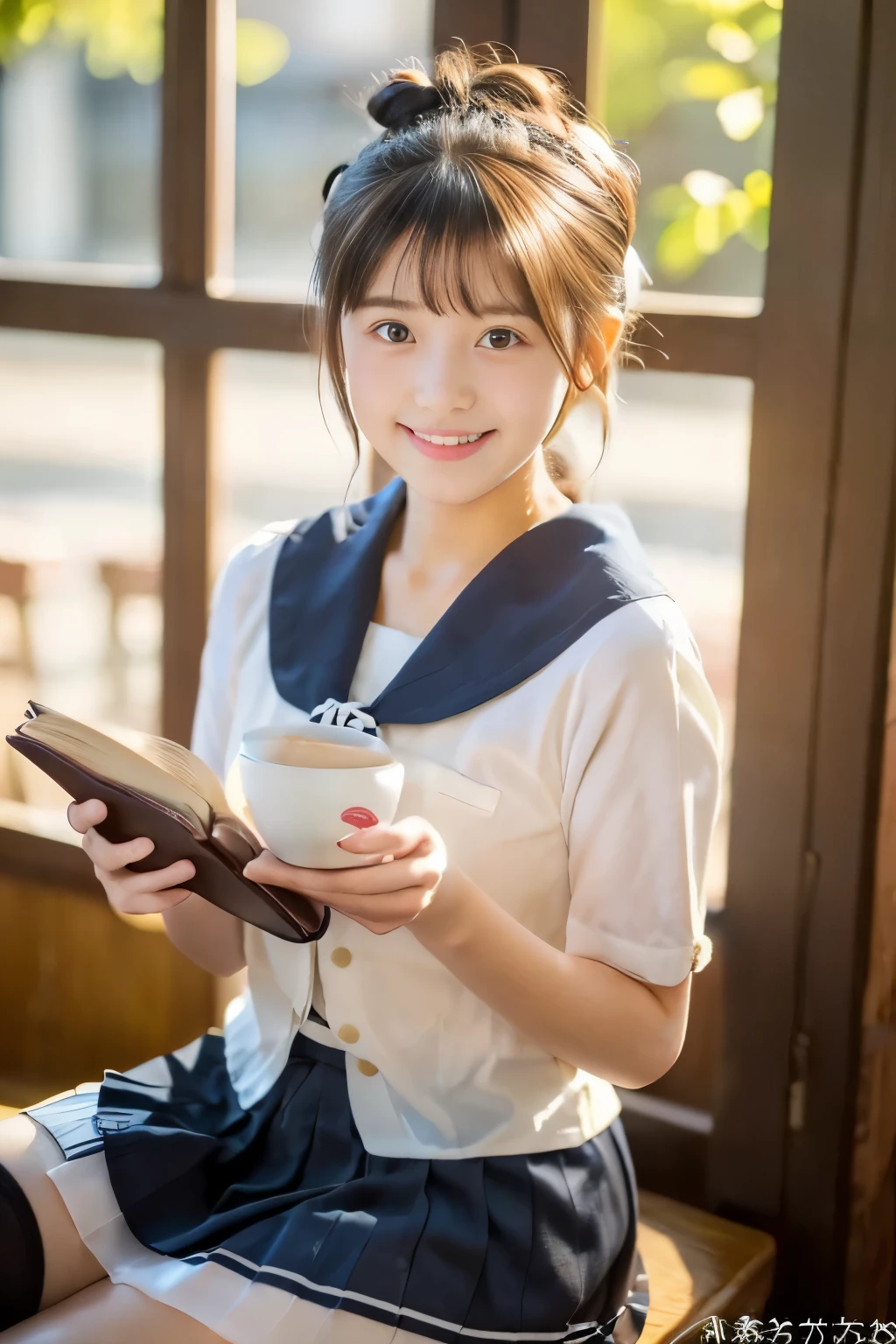 ((masterpiece))), (((Full body photo))), (One beautiful Japan girl, classmates, landscape and innocence,kawaii) ,超A high resolution, Realistic, ultra-detailliert, 8K,top-quality, Extremely detailed, A slender,very beautiful japanese girl, Detailed face:1.3), (Bery short hair,I tied her hair in a bun.A dark-haired :1.4), (a baby face,kawaii系,adorable old beautiful girl), (Perfect body:1.1),(Perfect fingers), (Neat sailor suit,Dark blue mini skirt、Dark blue high socks、, Cute and innocent look,Show your beautiful teeth,Wonderland, sexy pose,rosy cheeks, Sparkling eyes, kawaiiポーズ, ((Inside the coffee shop))、cute cake on the table、slow steamed coffee、soft afternoon light、Wrapped in the soft light shining through the window、Reading a book,gentle and delicate lighting, Pastel color palette, dreamy ambiance, Magical, Vivid colors, Bokeh,