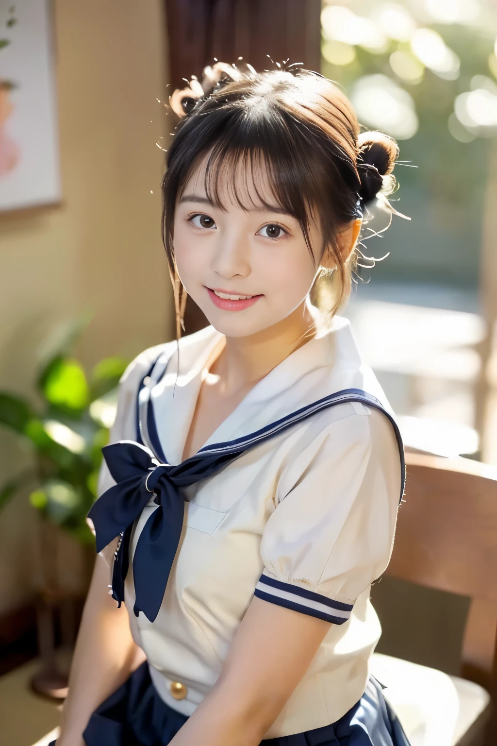 ((masterpiece))), (((Full body photo))), (One beautiful Japan girl, classmates, landscape and innocence,kawaii) ,超A high resolution, Realistic, ultra-detailliert, 8K,top-quality, Extremely detailed, A slender,very beautiful japanese girl, Detailed face:1.3), (Bery short hair,I tied her hair in a bun.A dark-haired :1.4), (a baby face,kawaii系,adorable 14 year old beautiful girl), (Perfect body:1.1),(Perfect fingers), (Neat sailor suit,Dark blue mini skirt、Dark blue high socks、, Cute and innocent look,Show your beautiful teeth,Wonderland, sexy pose,rosy cheeks, Sparkling eyes, kawaiiポーズ, ((Inside the coffee shop))、cute cake on the table、slow steamed coffee、soft afternoon light、Wrapped in the soft light shining through the window、gentle and delicate lighting, Pastel color palette, dreamy ambiance, Magical, Vivid colors, Bokeh,