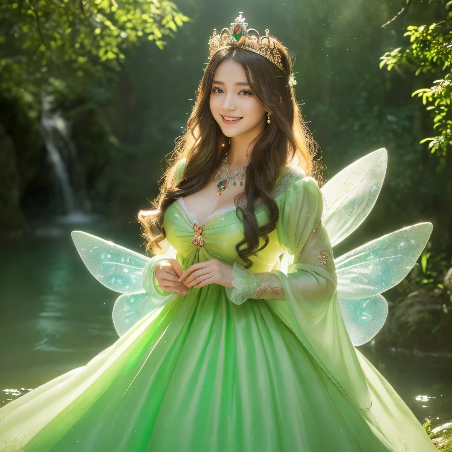 ((masutepiece、top-quality、8K、Highly Detailed and Complex Detail、The most complex and detailed textures、Super High Detail、bright and gentle lighting、the mildest texture、Smoothest texture))、(beautiful waterfall in the background:1.3)、(Very delicate and intricately shining wings:1.2)、(Upper body photo of a standing princess:1.1)、(Fairy wings with a very intricate pattern:1.2)、(small wings:1.2)、(The most luxurious and divine sparkling fairy tale light green princess dress:1.2)、((The most beautiful fairy tale prince of the forest fairy tale princess、a high chroma、Small fairy wings that shine fantastically、Gives off a fairy tale glow、The finest dress with elaborate decoration.、Shining transparent fairy tale wings、Fantastic, fairy-tale light、The background is set in a complex and sacred forest、Mysterious tree、Gentle fairy tale light、The brilliance of a fairy tale、Fairytale atmosphere、Fantastical、The most intricate and sacred dresses、the most beautiful spirit in the world、The Spirit of God'glorias、Accurate reproduction of the perfect spirit down to the last detail、The most complex and detailed forests、The most sacred and luxurious princess dress、 calm and full of light、Extravagant tiaras and necklaces、A forest full of sacred light、Fantastical、Overgrown trees々、A forest surrounded by sacred light、very calm and bright、Half Japan and half Russian、Beautiful smile、Beautiful wavy hair、The most luxurious and intricate dresses、the biggest smile looking at me、Slimed、large full breasts))