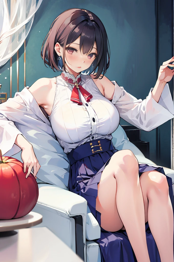 Perfect human body，2 women，beautiful gentle woman，Mature and intellectual woman， (very highly detailed background，liveroom), long whitr hair，鎖骨，The wife wears(Ultra-short)The shirt，Loose neckline，Skirt，Colossal tits，Indecent expressions，sharp sharp eyelush blush:1.2),Pubic hair shows through，Change of clothes，，