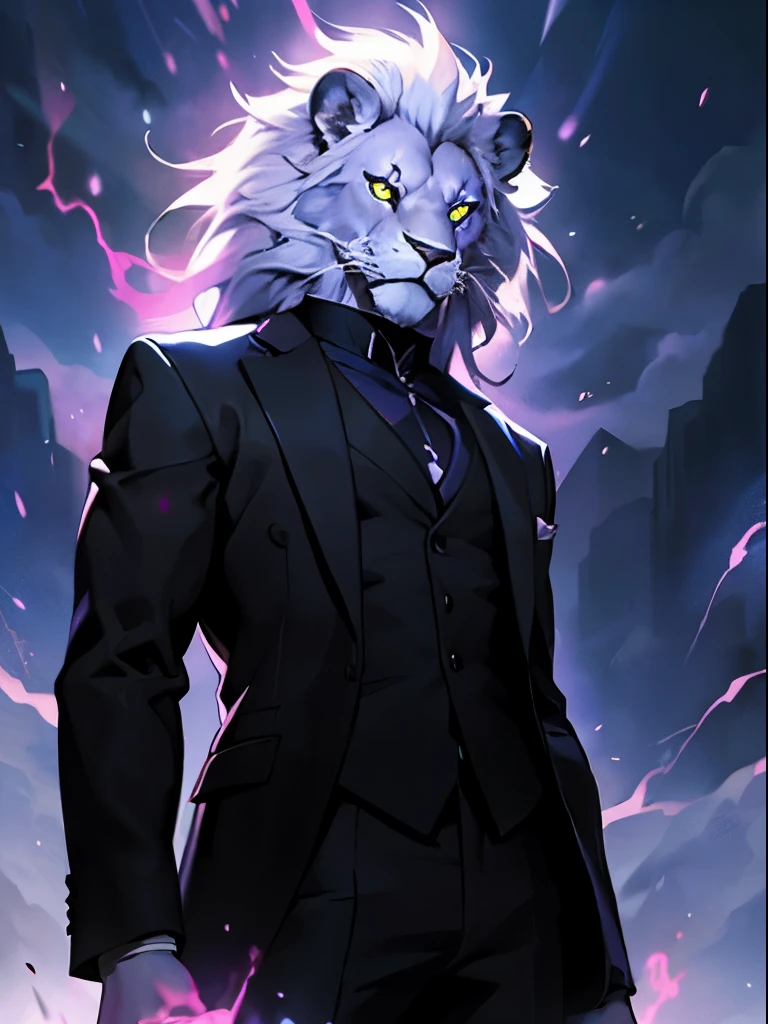 (Masterpiece, best quality), (man | lion) ((wearing black suit)), (purple chidori in hand ), (glowing eyes, glowing aura),  [ purple lightning around the body::10], looking at viewer