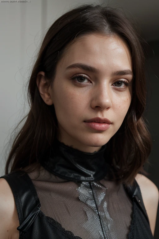 ((best quality)), ((masterpiece)), (detailed), perfect face realistic photo of beautiful woman with long dark brown hair, Russian, influencer, light freckles, dark brown eyes, big lips, no makeup, instagram, in a black dress, tumblr, glossy intricate design, patent leather, y 2 k fashion, lady dimitrescu, vogue magazine photo, in style of stanislav vovchuk, elegant, chris cunningham, black lace, wearing futuristic, leather top,