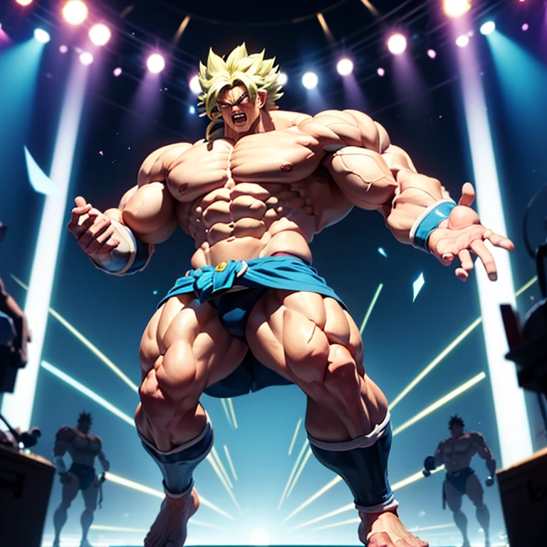 , High quality full body image of Goku as a bodybuilder, he only wears a speedo, ohne Schuhe, feet, bare feet, massive muscular body, huge muscular shoulders, Massive big biceps, Venen im Bizeps, Muskelbeine, massive muscular abs, bizeps flex. posierend, Sie schwitzt, very muscular, The toned body shines in the spotlight, he is standing on a stage, much muscular sexy, Bodybuilding Pose