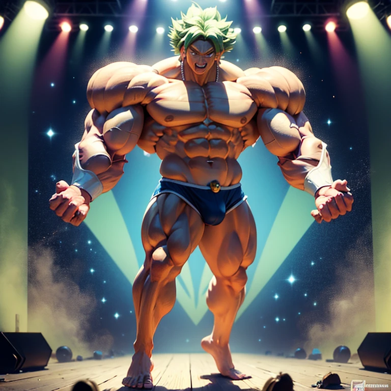 , High quality full body image of Goku as a bodybuilder, he only wears a speedo, ohne Schuhe, feet, bare feet, massive muscular body, huge muscular shoulders, Massive big biceps, Venen im Bizeps, Muskelbeine, massive muscular abs, bizeps flex. posierend, Sie schwitzt, very muscular, The toned body shines in the spotlight, he is standing on a stage, much muscular sexy, Bodybuilding Pose