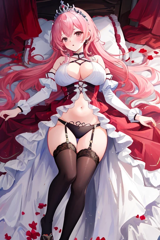 extremely detailed, masterpiece, best quality, absurdres, 1girl, (large breasts),slim, slender, prim_kuroinu, tiara, princess dress, tiara,half body, on bed, on back, pink Hair, exposed belly, Splash Art