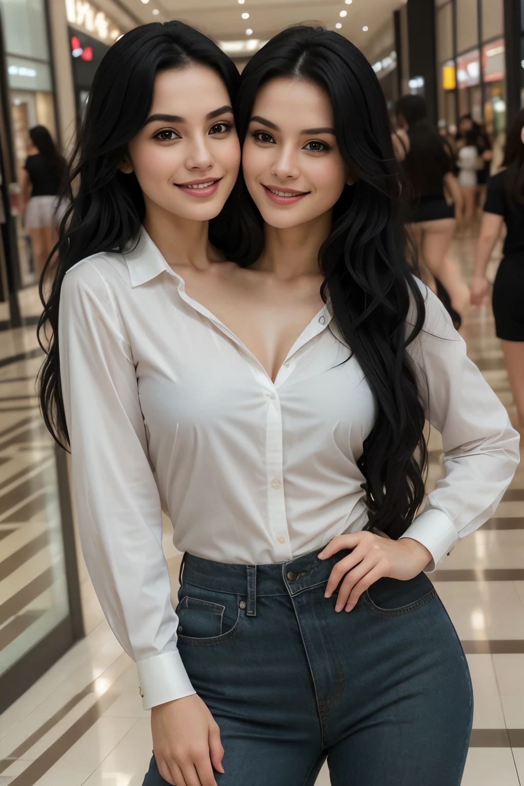 photo portrait of beautiful women sharing a shirt at the mall , two women inside of one shirt together,smile,long black hair,best quality,4k,8k,ultra hires,realistic,photo realistic,RAW photo,hdr,sharp focus,skin imperfections,masterpiece,hard light,