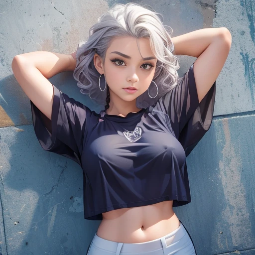 ((master part)), (alta qualidade), corpo inteiro, uma garota com cabelo platinado, curly hair, double braids, seductiveexpression, camiseta muito curta, White translucent t-shirt, camiseta sem estampa, camiseta molhada, translucent fabric, visible lower part of the breast, nipples visible, belly visible, minissaia preta muito curta, aberto na lateral. um joelho para cima, Standing, arms wide open, Hands above the head. leaning against the wall.
