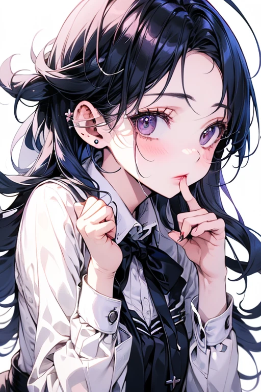 cute girl, with fancy school uniform, sexy lips, big eyes, blush, finger in lips
