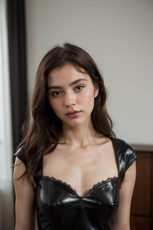 ((best quality)), ((masterpiece)), (detailed), perfect face realistic photo of beautiful woman with long dark brown hair, Russian, influencer, light freckles, dark brown eyes, big lips, no makeup, insagram, standing next to black wall, wearing red lace dress
