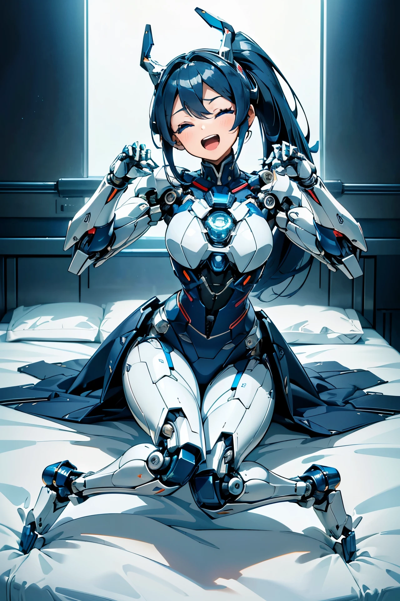 (((masterpiece))), (((Best Quality))), (((high quality))), (((beautiful))), (((8K))), (((highres))), (((absurdres))), (((exquisite))), (((Ultra high definition))), (((High resolution))) li robot, (toler:1.4), (Highly detailed and extremely complex mechanics:1.3), (extra large head:1.5), (darkblue hair), (Super long dark blue sideburns), (dark blue long ponytail), (Very small blue eyes:1.4), (Super drooping eyes:1.4), (Highly detailed eye depiction), (overweight), (super short legs), (Streamlined body based on pure white), White and navy blue pilot suit, navy blue tight-fitting clothes, White and navy blue shoulder cover clothes, White and navy blue shiny clothes, navy blue tight fit pants, White and navy blue thigh cover pants, (Machine body:1.4), (Mechanical joints:1.4), (An extremely complex machine visible through its joints:1.4), mecha musume, Mechanical parts, Robot joints, Headgear, (Sit on the bed:1.3), (mechanical room on board:1.3), (Opening Mouth:1.2), (Close both eyes:1.4), (Close both eyes:1.4), (Close both eyes:1.4), (Laughing:1.4), (paw pose:1.4)
