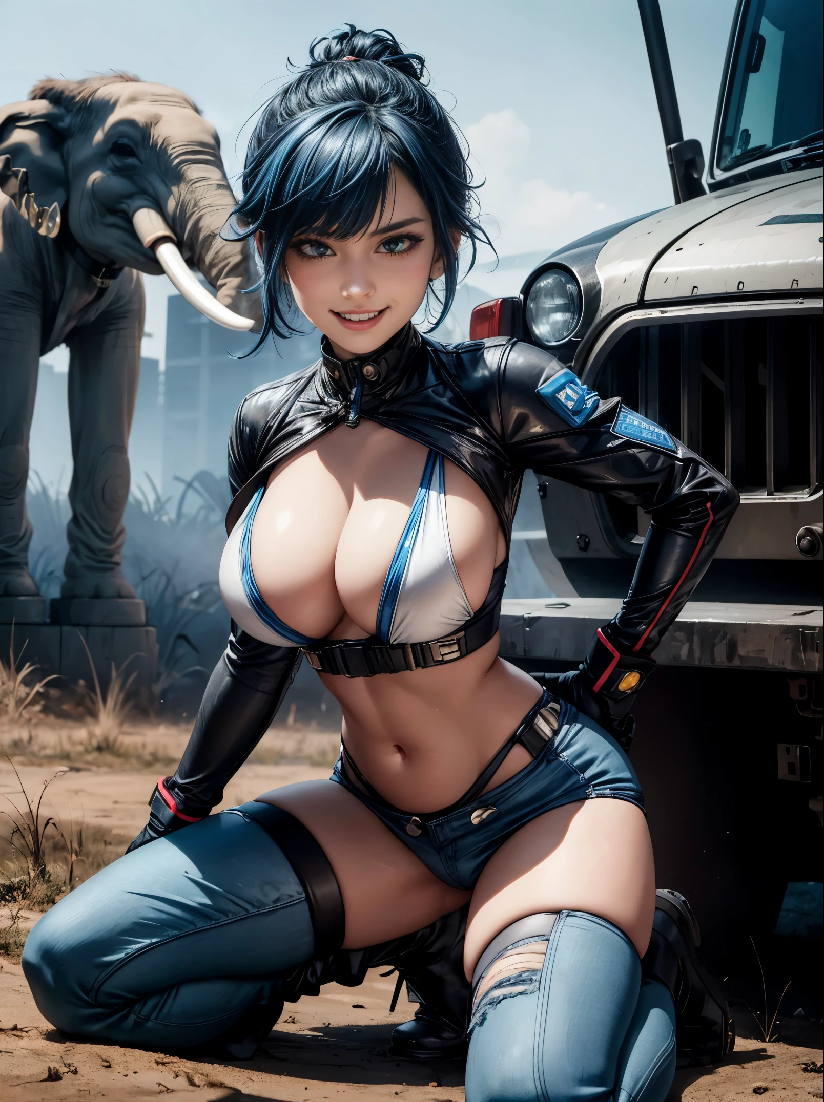 "Art in UHD that captures a 25-year-old woman wearing a white mecha costume, highlighted by blue props and neon lights. | The costume, adjusted to the body, enhances her characteristics, while she looks directly at the viewer, displaying a macabre smile that adds an enigmatic facial expression. Her blue hair, short with bangs over her right eye and two maria-chiquinha, contributes to her unique appearance. The scene unfolds in a post-apocalyptic scenario, with the presence of zombies and new Slug vehicles, such as an airplane, a helicopter, a drill, an elephant and an ostrich. Inspired by the styles of Metal Slug, Resident Evil and Megaman-X, the combination of environment and character results in a visually impressive composition.
| {The camera is positioned very close to her, revealing her entire body as she adopts a dynamic_pose, staring directly at the viewer with a sinister smile, expressing a macabre mood} | {She is adopting a ((dynamic_pose as interacts, boldly looking directly at the viewer, with a sinister smile and an intense expression):1.3), ((perfect_pose)), ((full body)), ((perfect_fingers, better_hands, perfect_hands, perfect_legs):0.7), More Detail, perfect,”