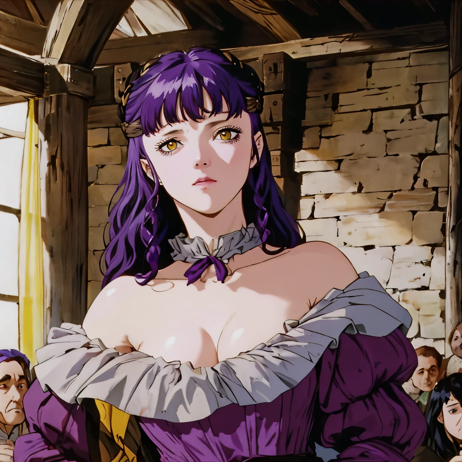 A woman with purple hair and yellow eyes, in a tavern, portrait HD