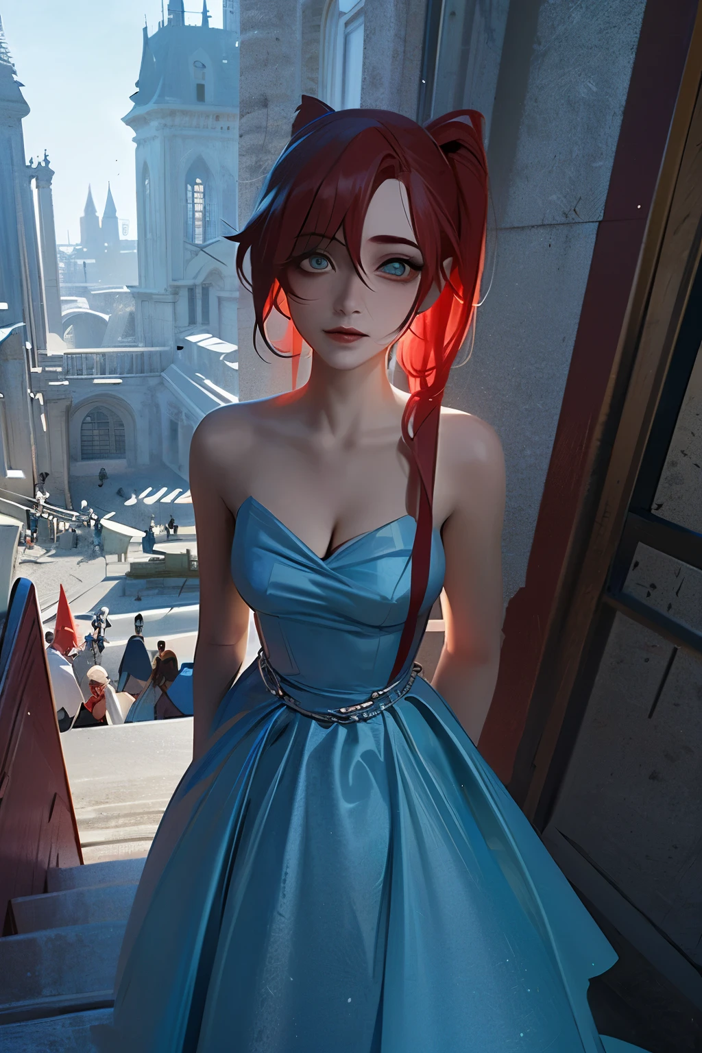 A girl, white eyes, black and red hair, long light blue dress, Harley Quinn face, perfect hand, beautiful face, in the background a destroyed medieval city, blue skin, best quality, masterpiece